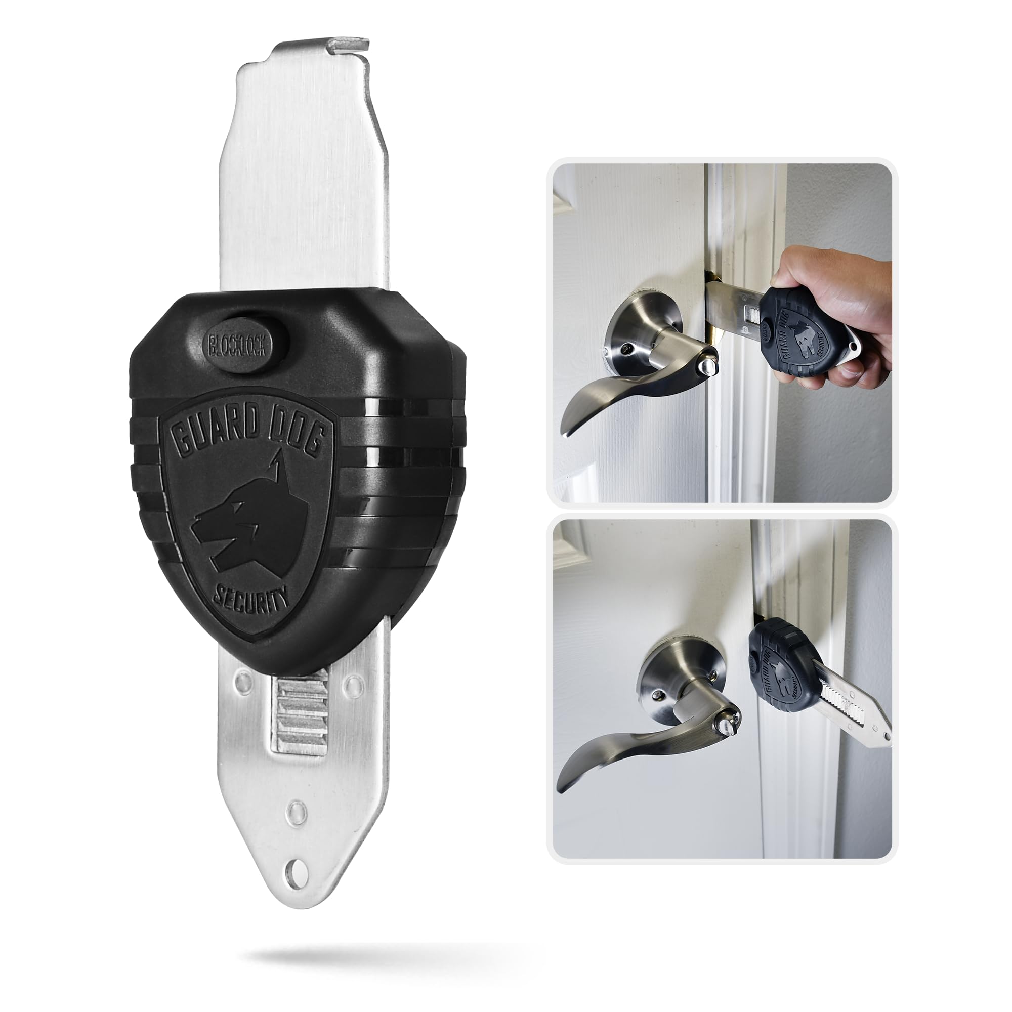 Guard Dog Security Blocklock front view demonstrates a portable privacy aid for any door.