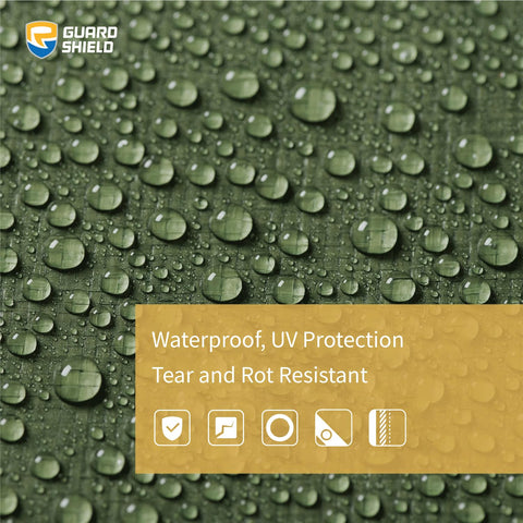 Guard Shield heavy-duty round tarp shows reinforced stitching for durable outdoor use