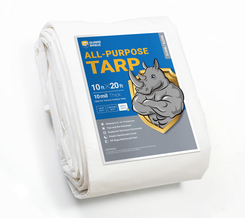 Guard Shield Heavy Duty Tarp front view demonstrates thick white weatherproof protection for outdoor shelter