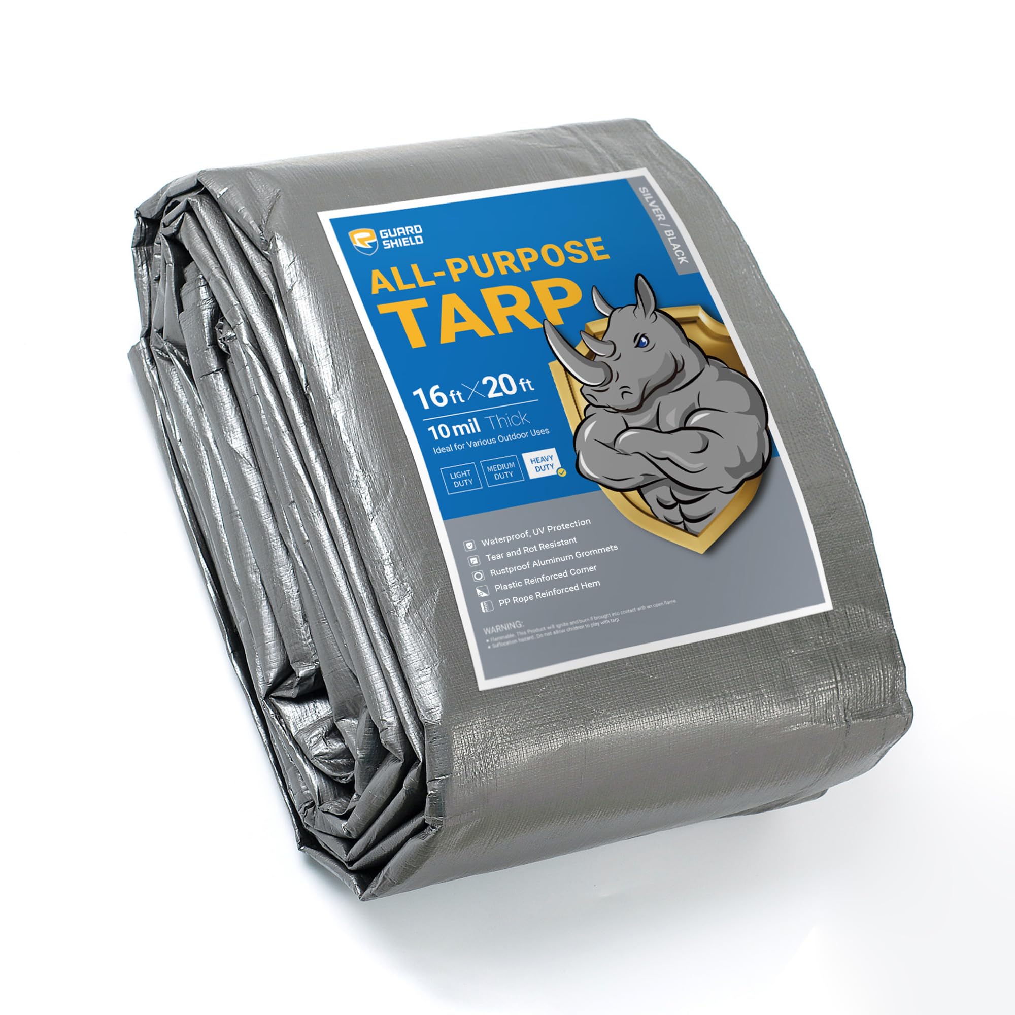 GUARD SHIELD heavy-duty tarp 16x20 cover protects against wind and rain.