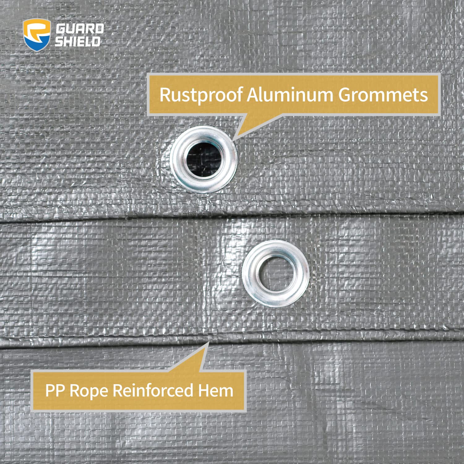 GUARD SHIELD rustproof aluminum grommets every 3 feet for secure anchoring.