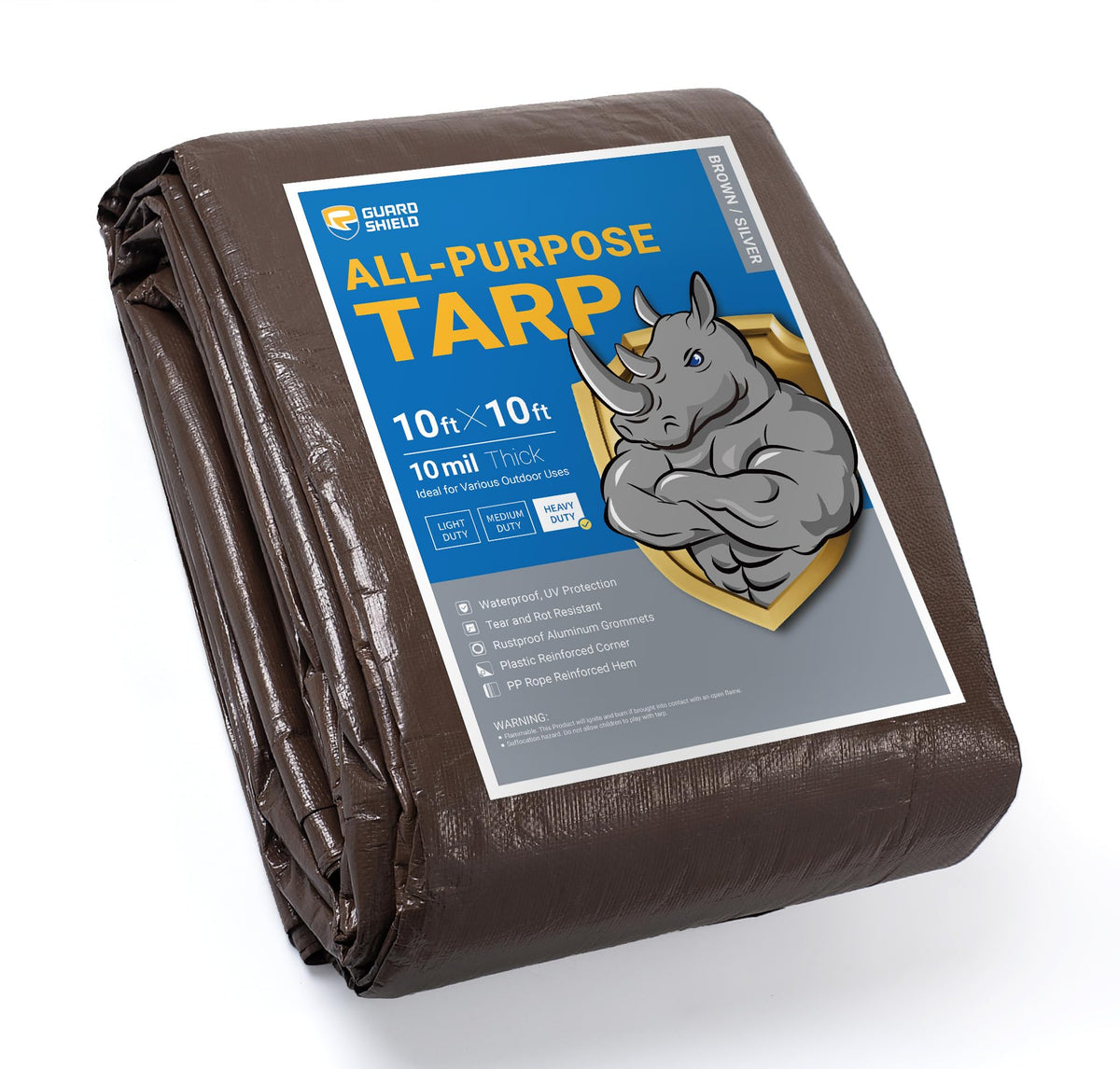 GUARD SHIELD heavy-duty tarp 10x10 brown-silver front view for rugged outdoor protection.