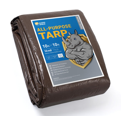 GUARD SHIELD heavy-duty tarp 10x10 brown-silver front view for rugged outdoor protection.