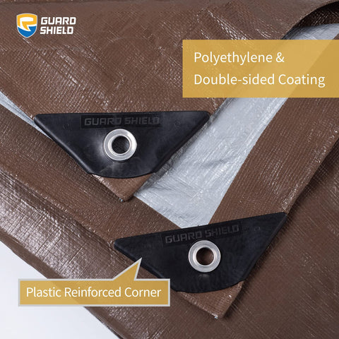 GUARD SHIELD tarp rolled with grommets ready for secure setup.