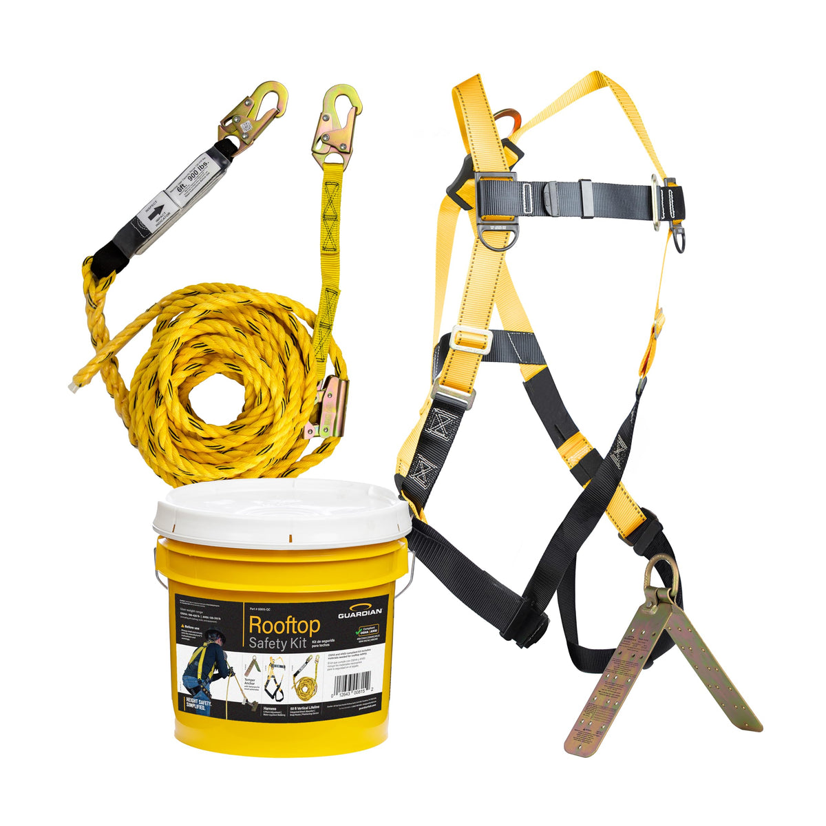 Guardian 00815 rooftop safety kit bucket on site ready for on-site transport and storage.