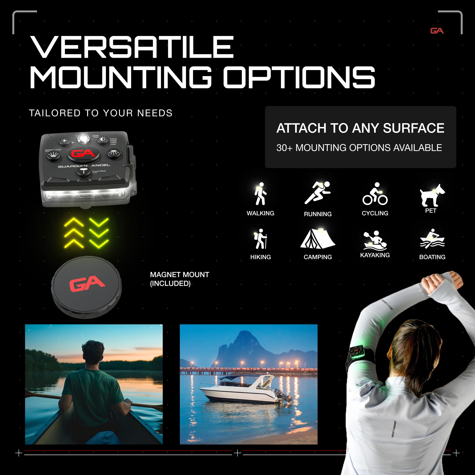Guardian Angel Micro magnet mount enables quick, secure hands-free attachment.