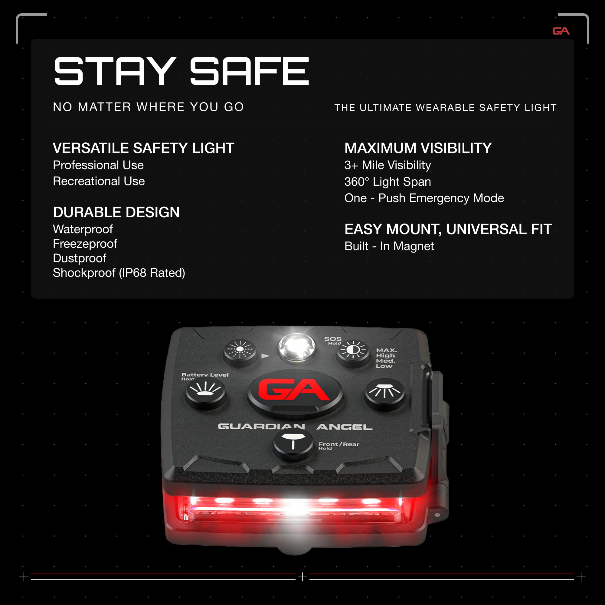 Guardian Angel Micro rear green LED beacon increases rear visibility for others.