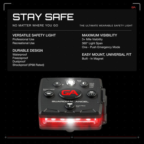 Guardian Angel Micro rear green LED beacon increases rear visibility for others.