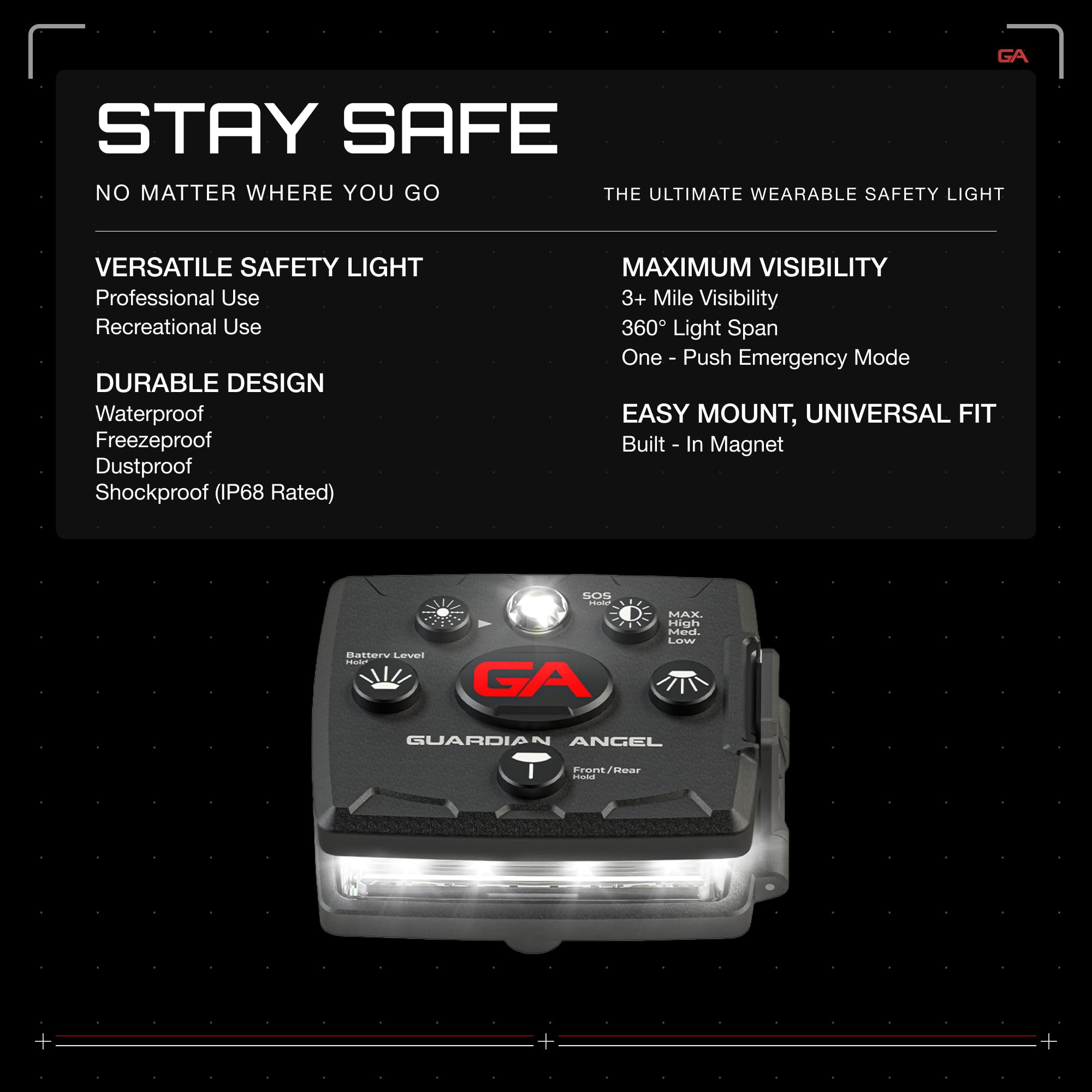 Guardian Angel Micro rear yellow LEDs enhance visibility from behind during runs
