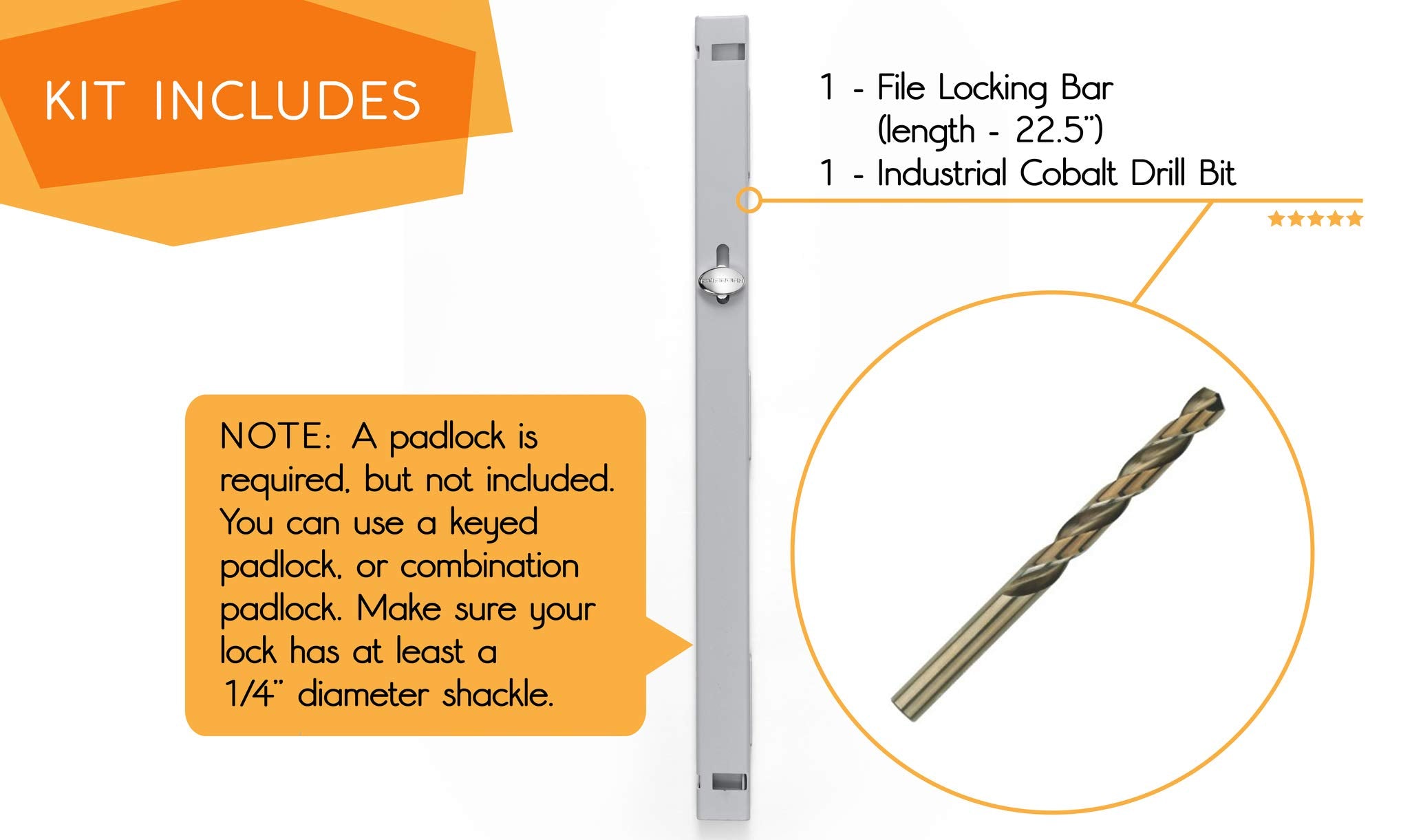 Cobalt drill bit included with Guardianite locking bar.