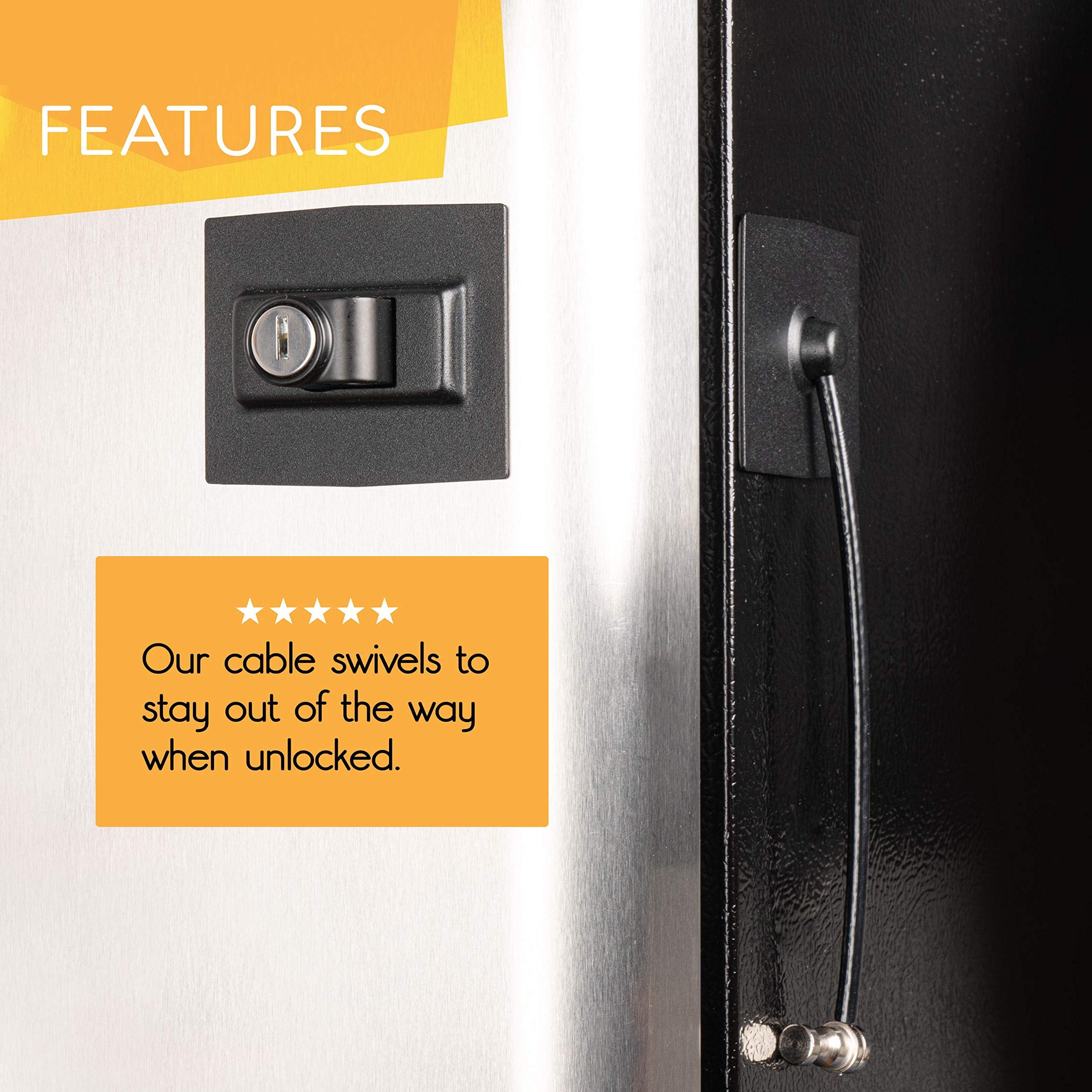 Guardianite refrigerator lock cable swivel keeps cable out of the way for easy access.