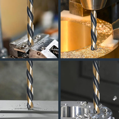 GuardPro drill bits in use on wood, metal, and plastic materials for precise results