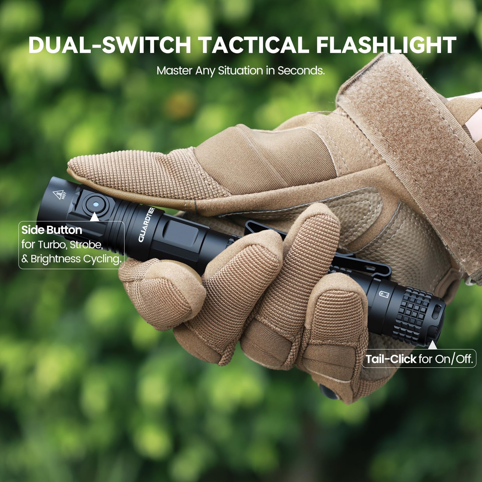 Guardtier ML70 side-button modes for Turbo, Strobe, and brightness options.