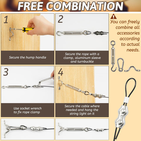 GUATTINE rope clamps secure multiple lines for neat display.