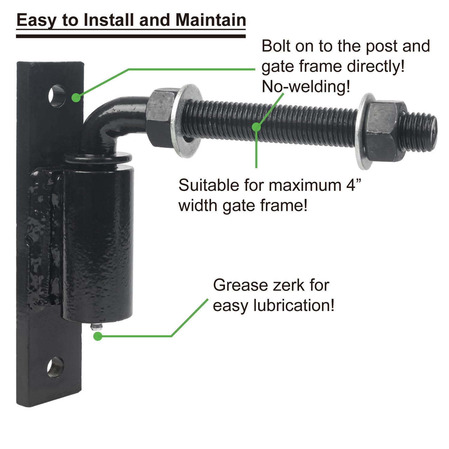 Gudwells bolt-on hinge shows 3/8-inch mounting hardware for solid mounting