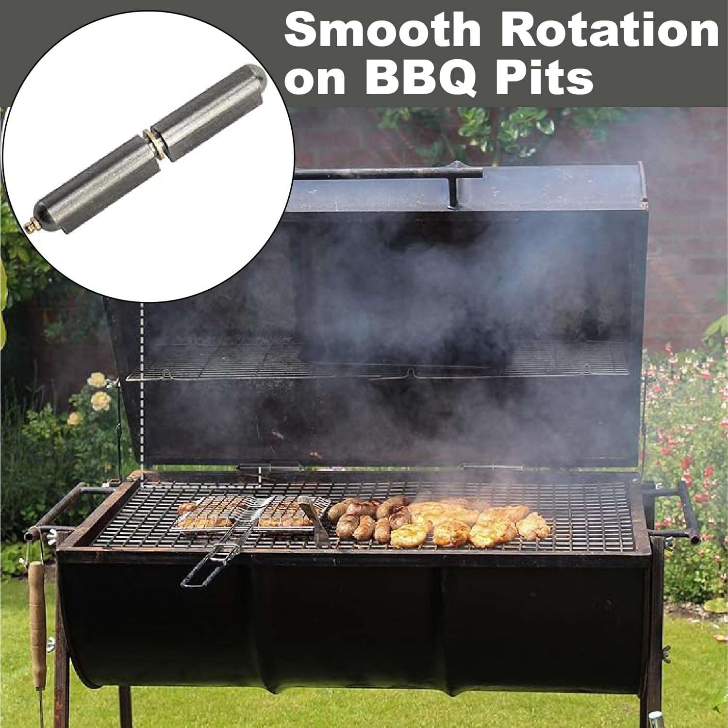 Versatile hinge suitable for gates, doors, BBQ pits, and containers.