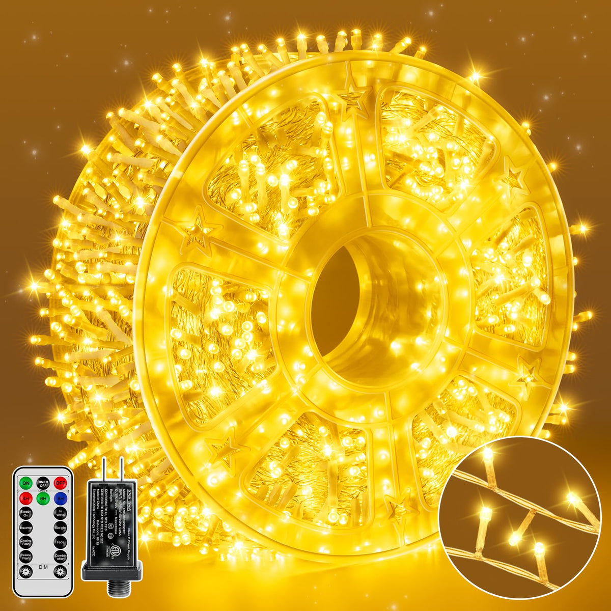 Guhope Christmas string lights with storage wheel for easy setup and tangle-free unwinding.