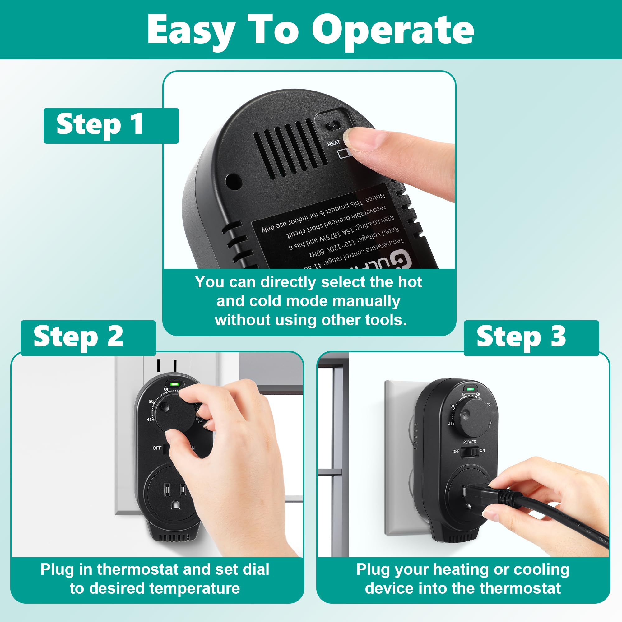 Gulfmew adjustable thermostat suited for portable ACs, heaters, and fans in home use.