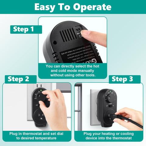 Gulfmew adjustable thermostat suited for portable ACs, heaters, and fans in home use.