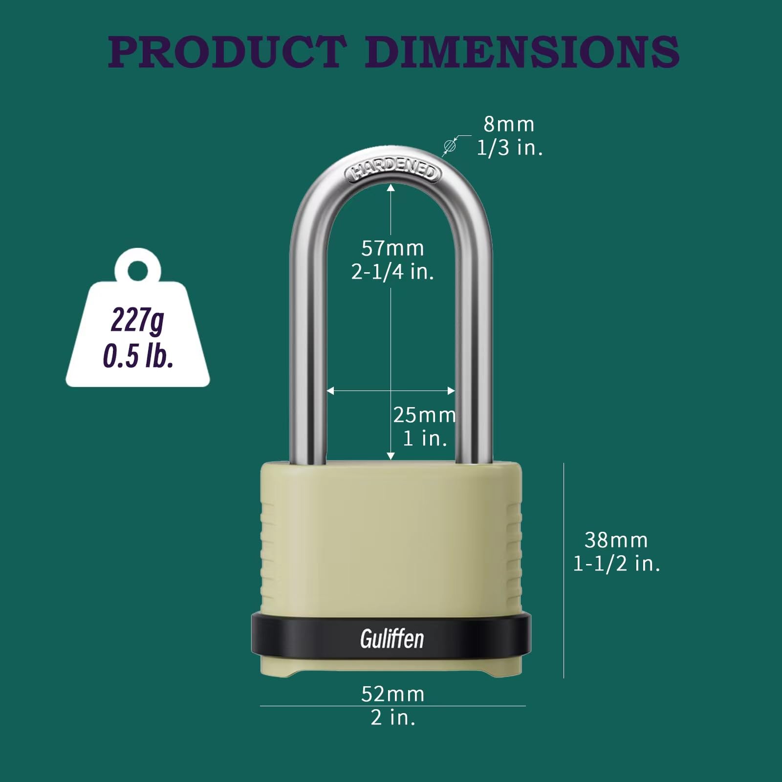 Guliffen combination padlock showing a 2-inch wide body for added security.