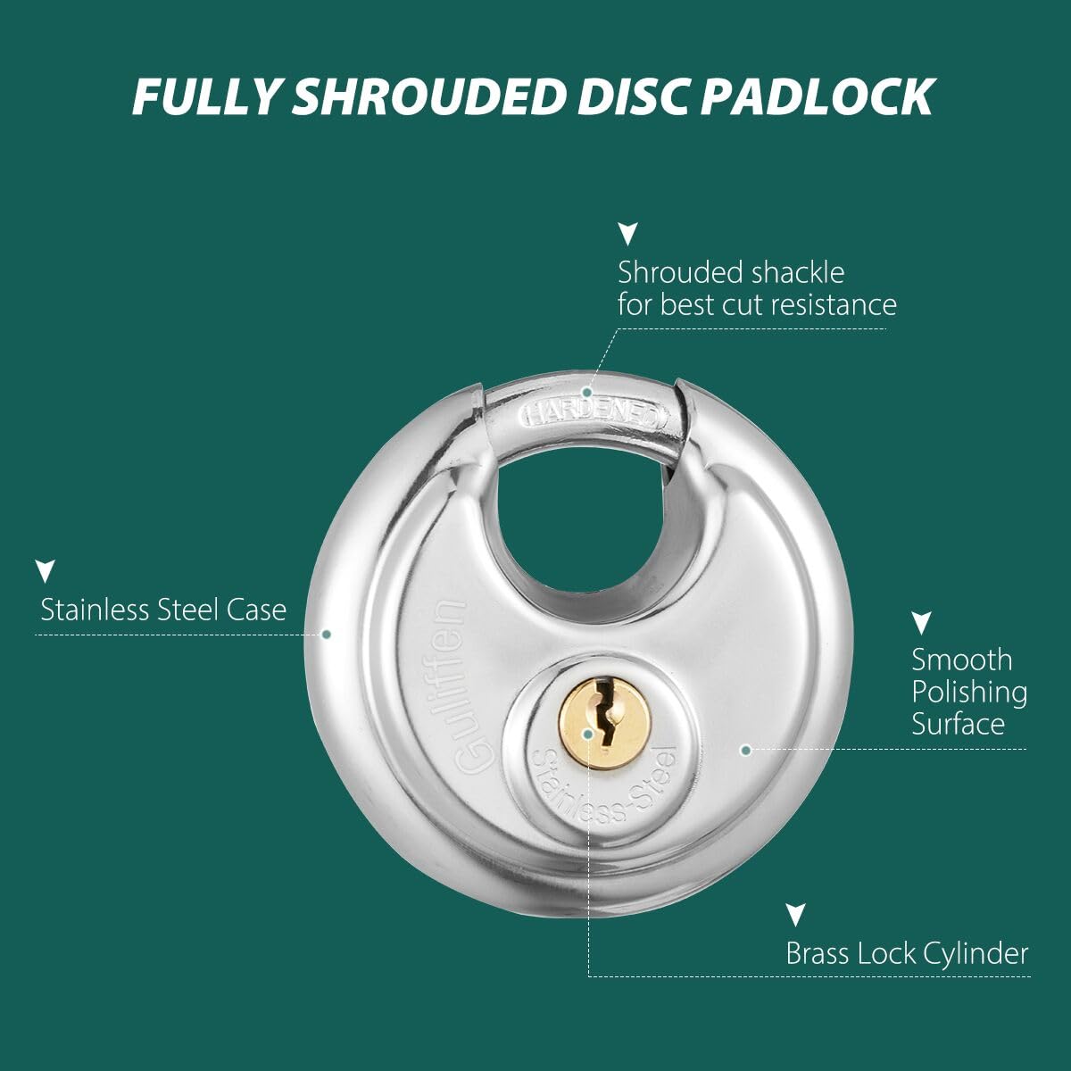 Guliffen discus padlock dimensions highlight the compact body and secure shackle.