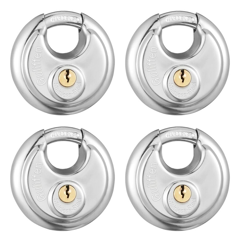 Guliffen discus padlock stainless steel close-up demonstrates durability in harsh weather.