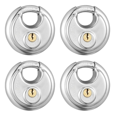 Guliffen discus padlock stainless steel close-up demonstrates durability in harsh weather.