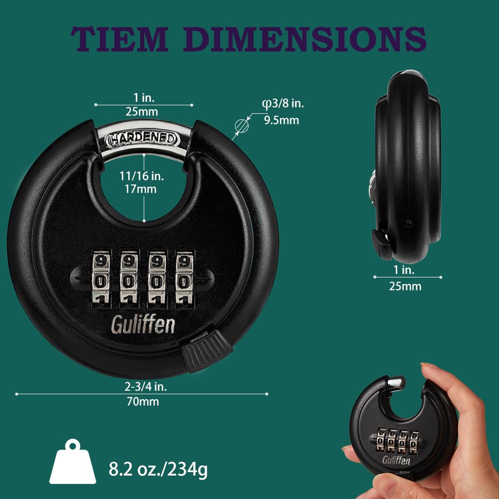 Guliffen discus padlock showcases weatherproof shackle and rugged construction.