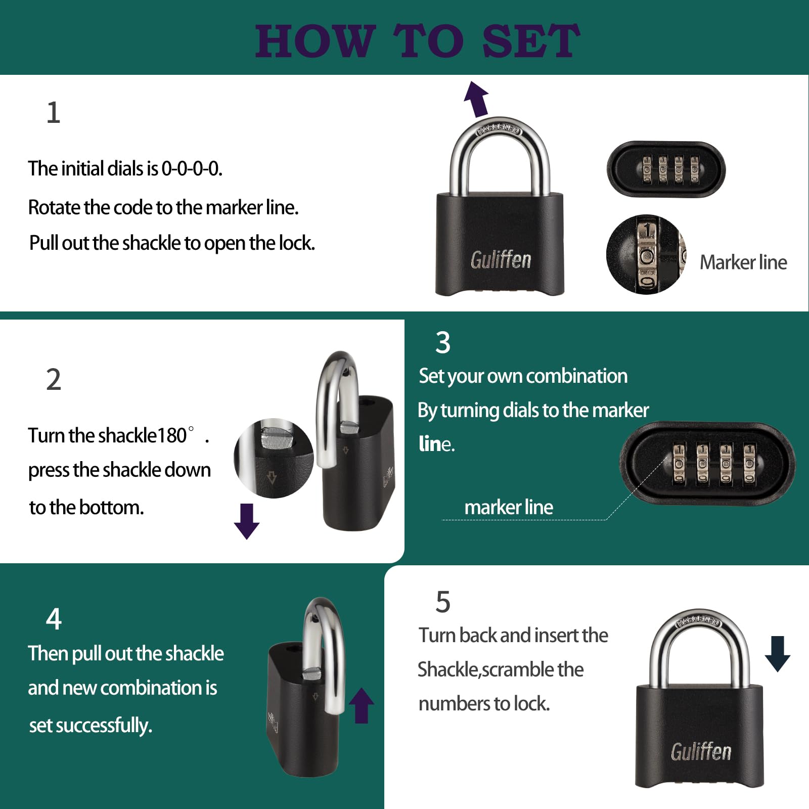 Guliffen padlock featuring hardened steel shackle for durability.