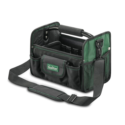 Guliter 11-inch small tool bag opened, showing accessible top compartments for quick tool access.