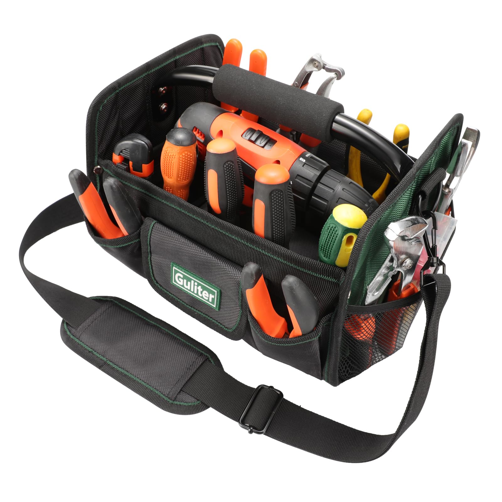 Guliter tool bag with stainless steel handle for a sturdy, comfortable grip during transport.