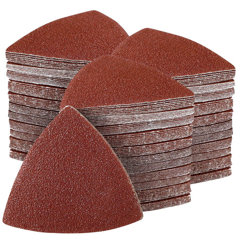Gulrear 200Pcs 80mm triangle sanding pads kit on workbench for DIY projects