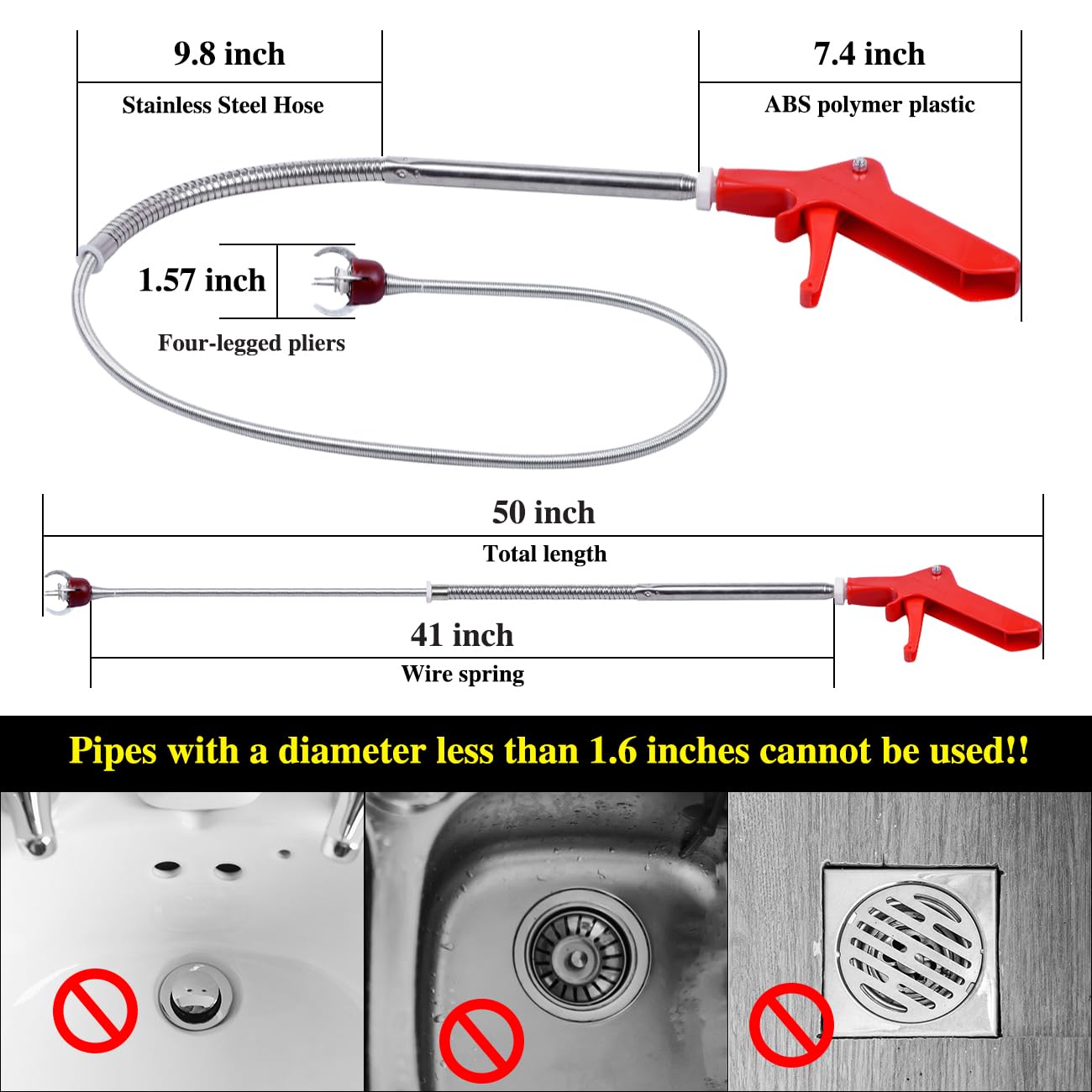 Gulrear 41.3-inch spring cable extends reach into pipes.