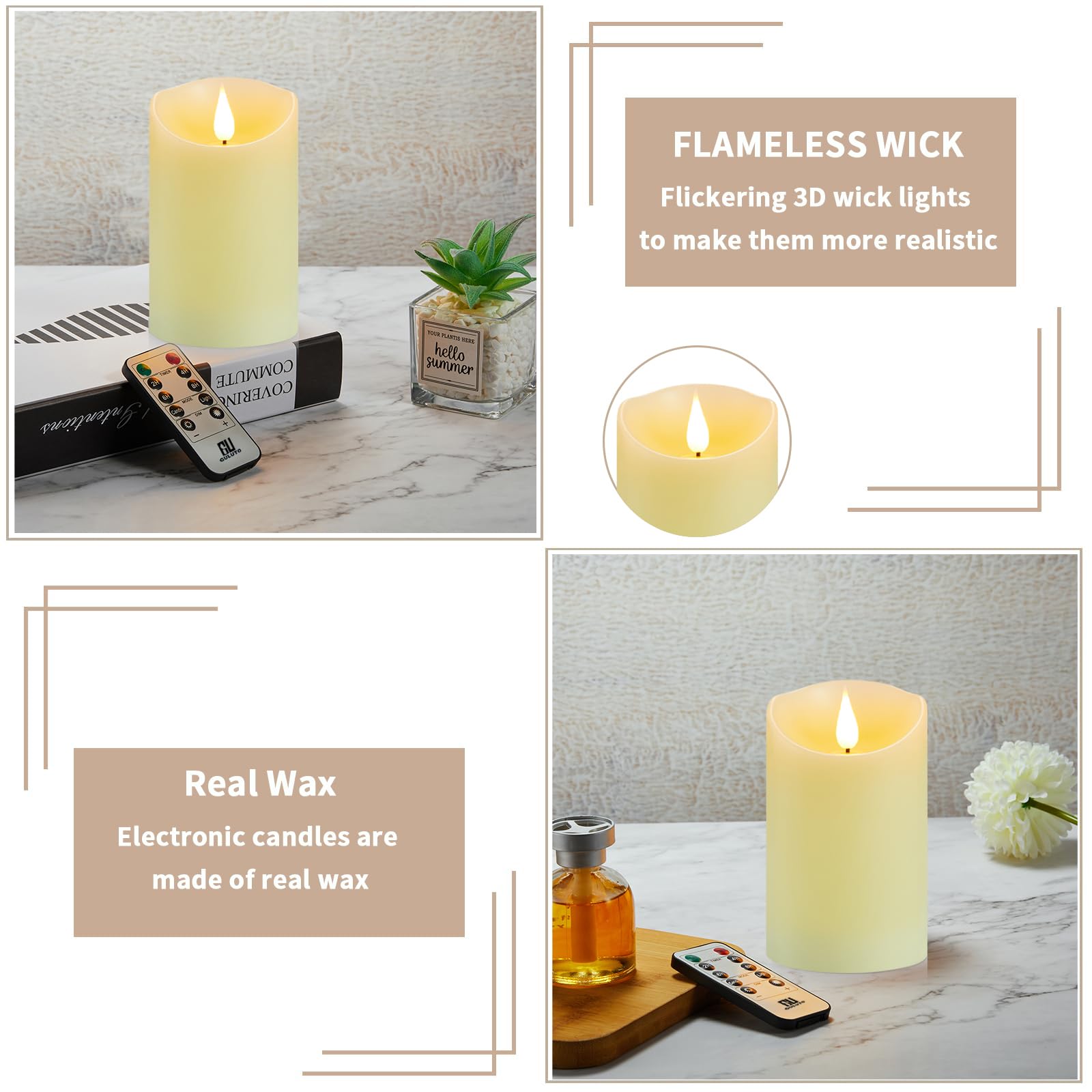 Guluto LED candles with real wax and 3D wick, remote.