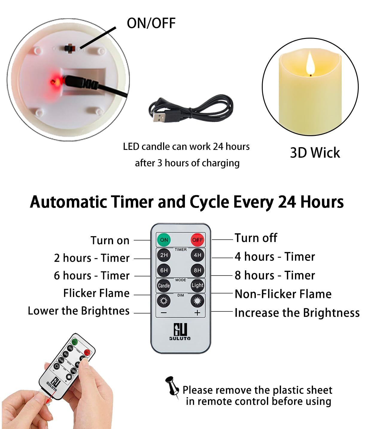 Guluto rechargeable battery with USB charging cable for continuous use.