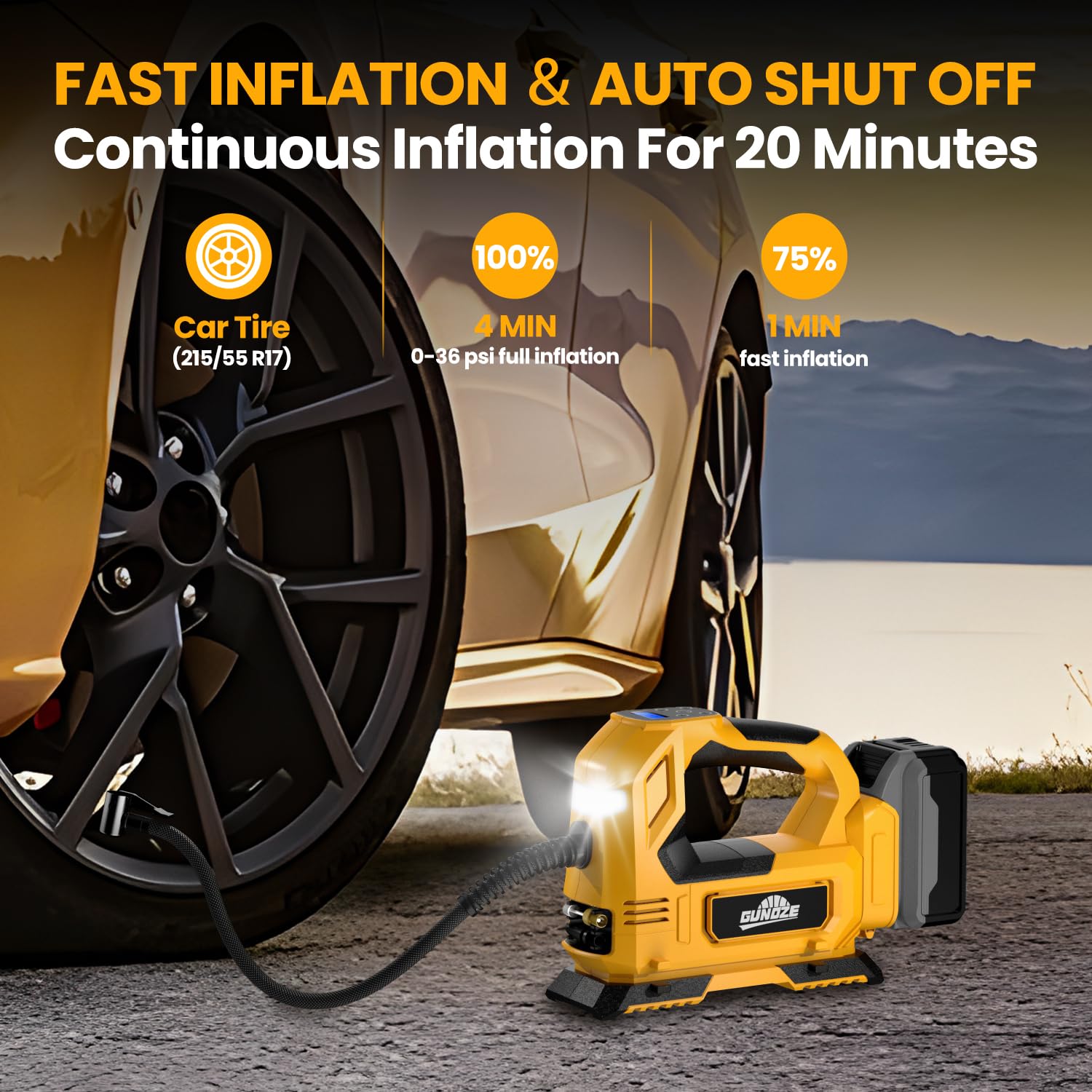 GUNOZE inflator with auto preset feature stopping at target PSI