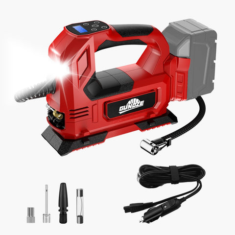GUNOZE cordless tire inflator powered by Milwaukee M18 battery for versatile use.