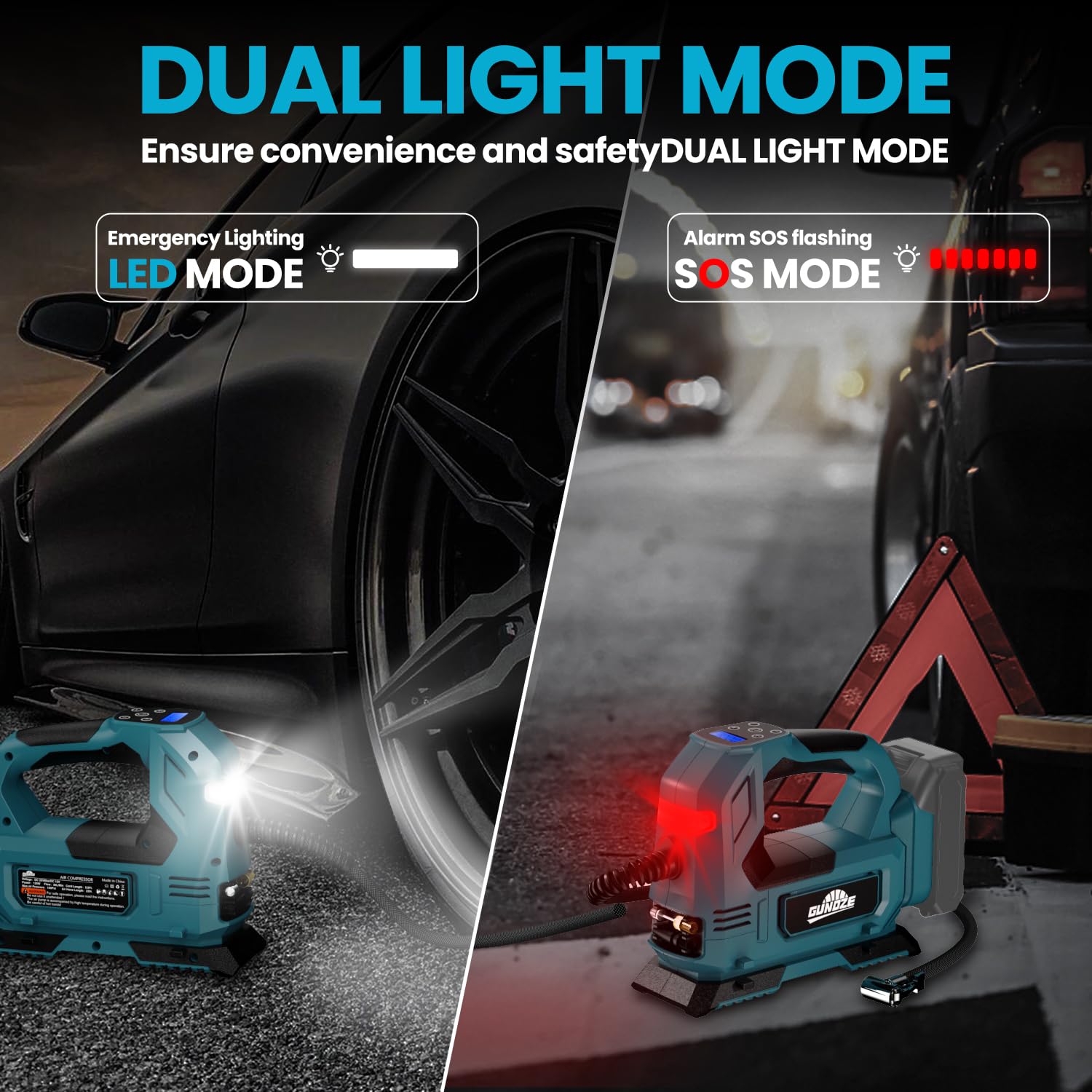 GUNOZE four LED lights illuminate the tire area during night use.
