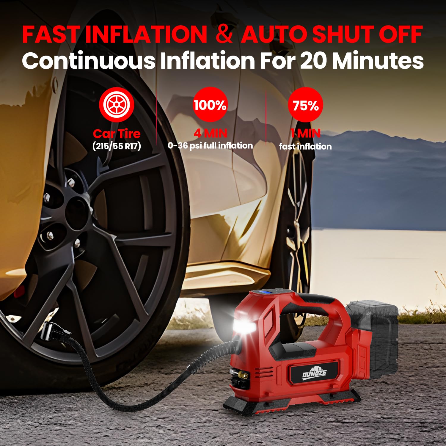 GUNOZE built-in LED light illuminates the tire valve area.