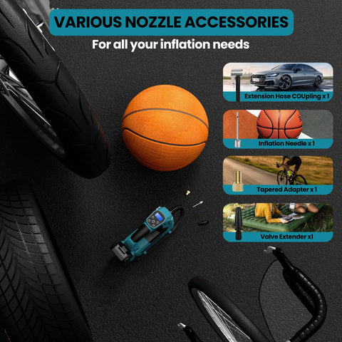 GUNOZE includes multiple nozzles for tires, bikes, and sports gear.