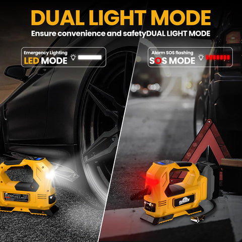 GUNOZE tire inflator connected to 12V car plug for on-the-go inflation