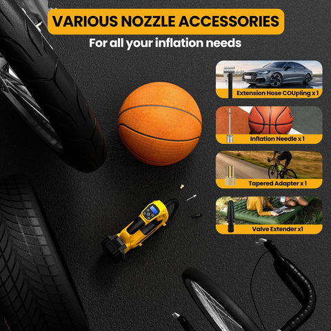 GUNOZE inflator with multiple nozzles for cars, bikes, and sports gear