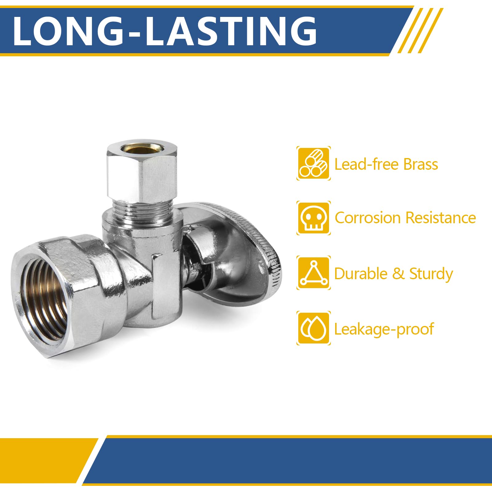 GUOFIS quarter-turn chrome angle stop valve enables smooth, precise shut-off.