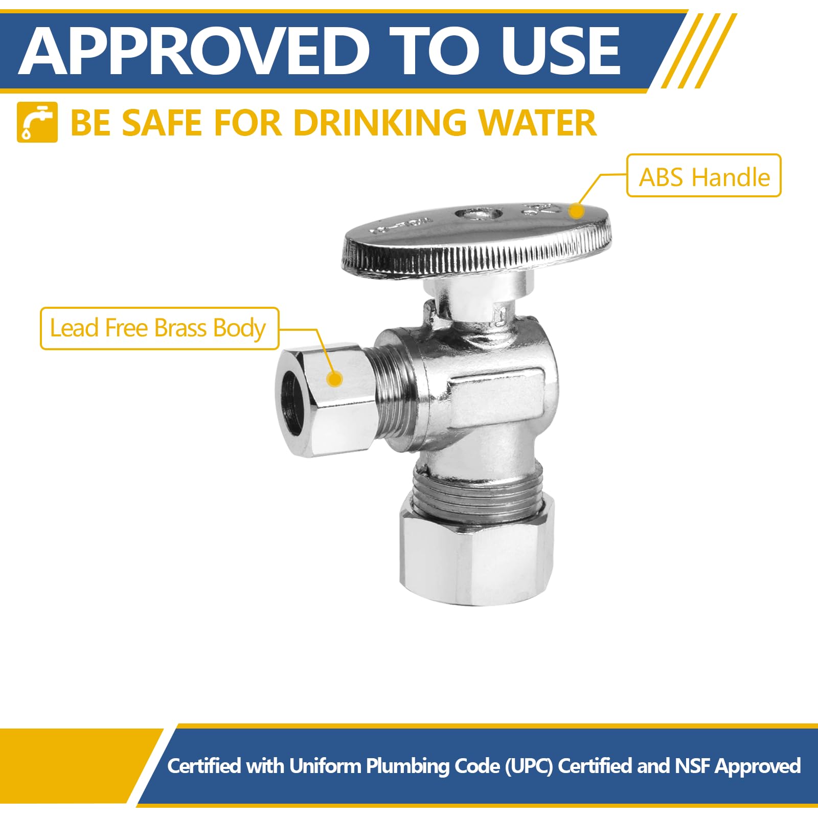 Under-sink installation of GUOFIS angle-stop valve for quick shut-off.
