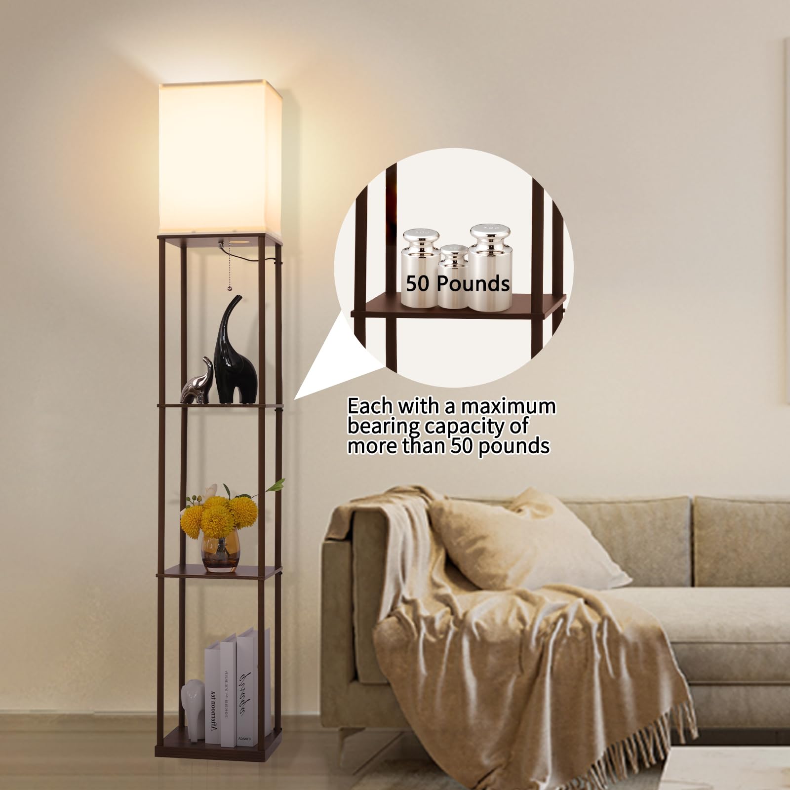Gupuzm floor lamp 3-tier shelves hold books and decor without clutter.