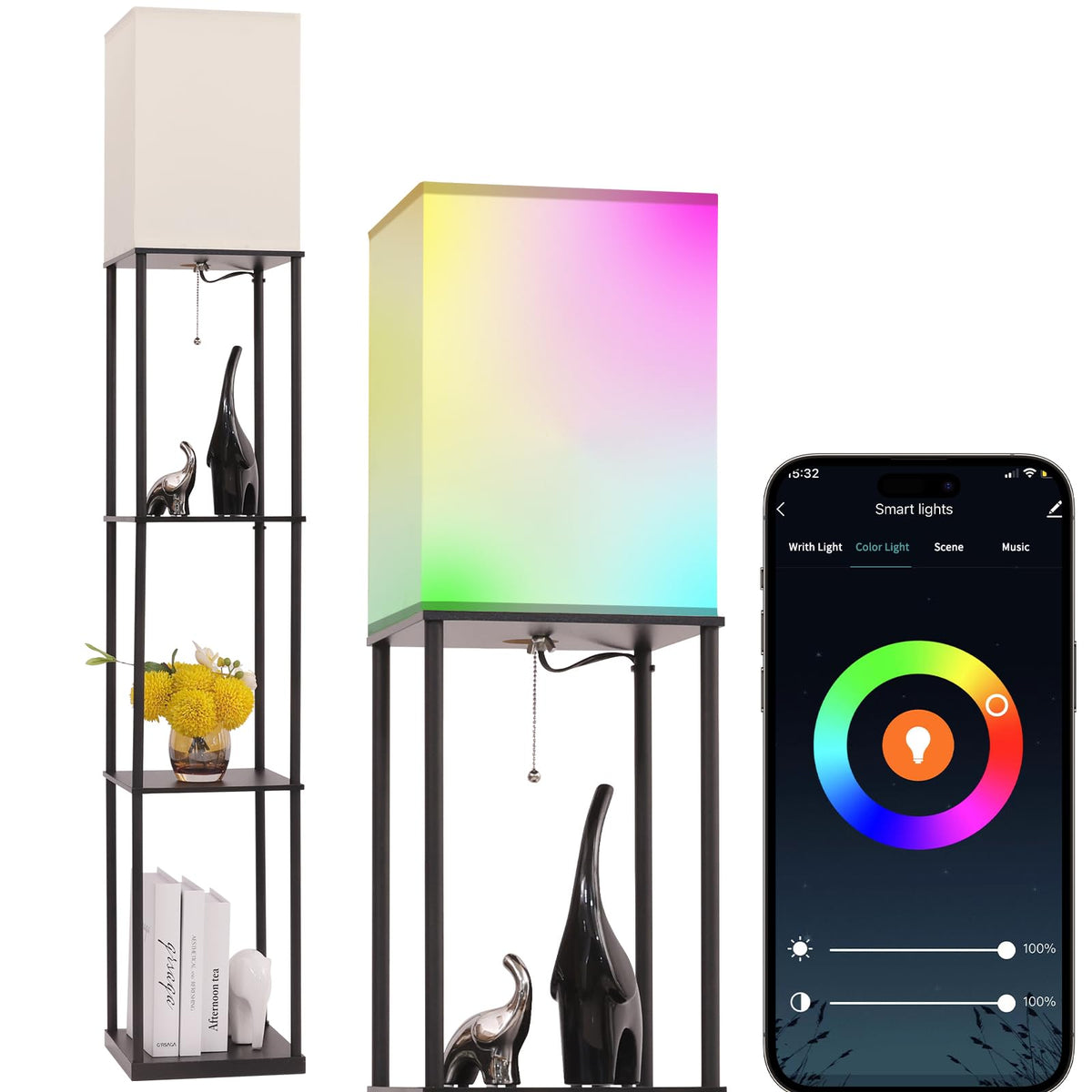 Gupuzm floor lamp with shelves in corner showing RGB lighting for mood settings.