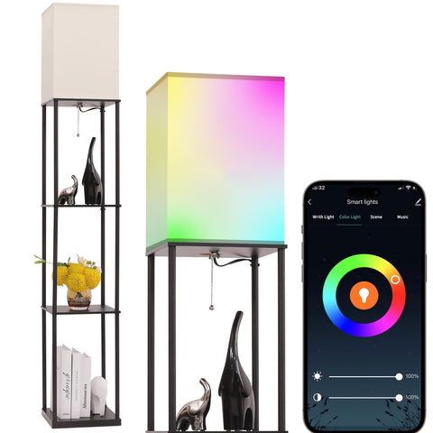 Gupuzm floor lamp with shelves in corner showing RGB lighting for mood settings.