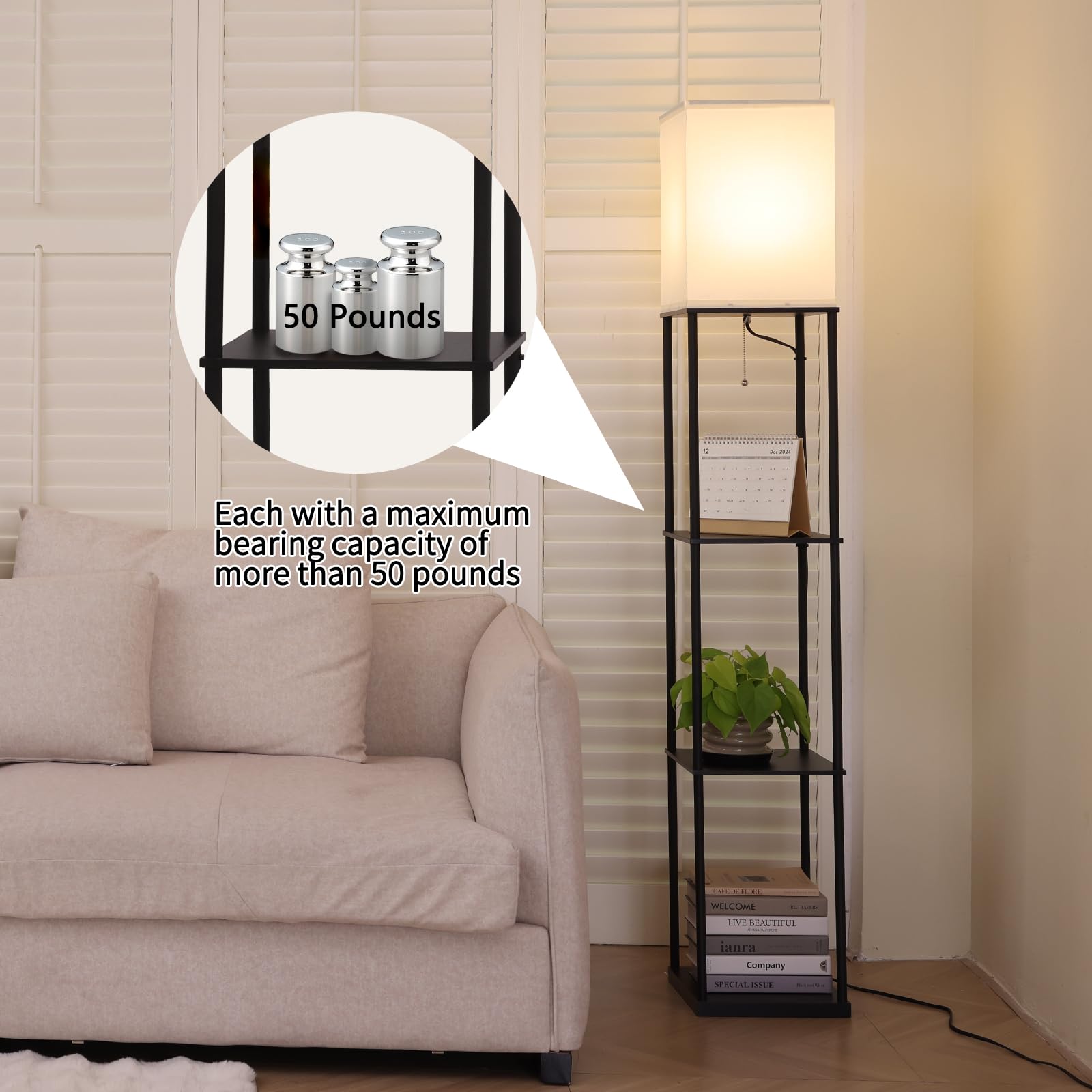Gupuzm floor lamp with 3-layer storage keeps books and decor organized.