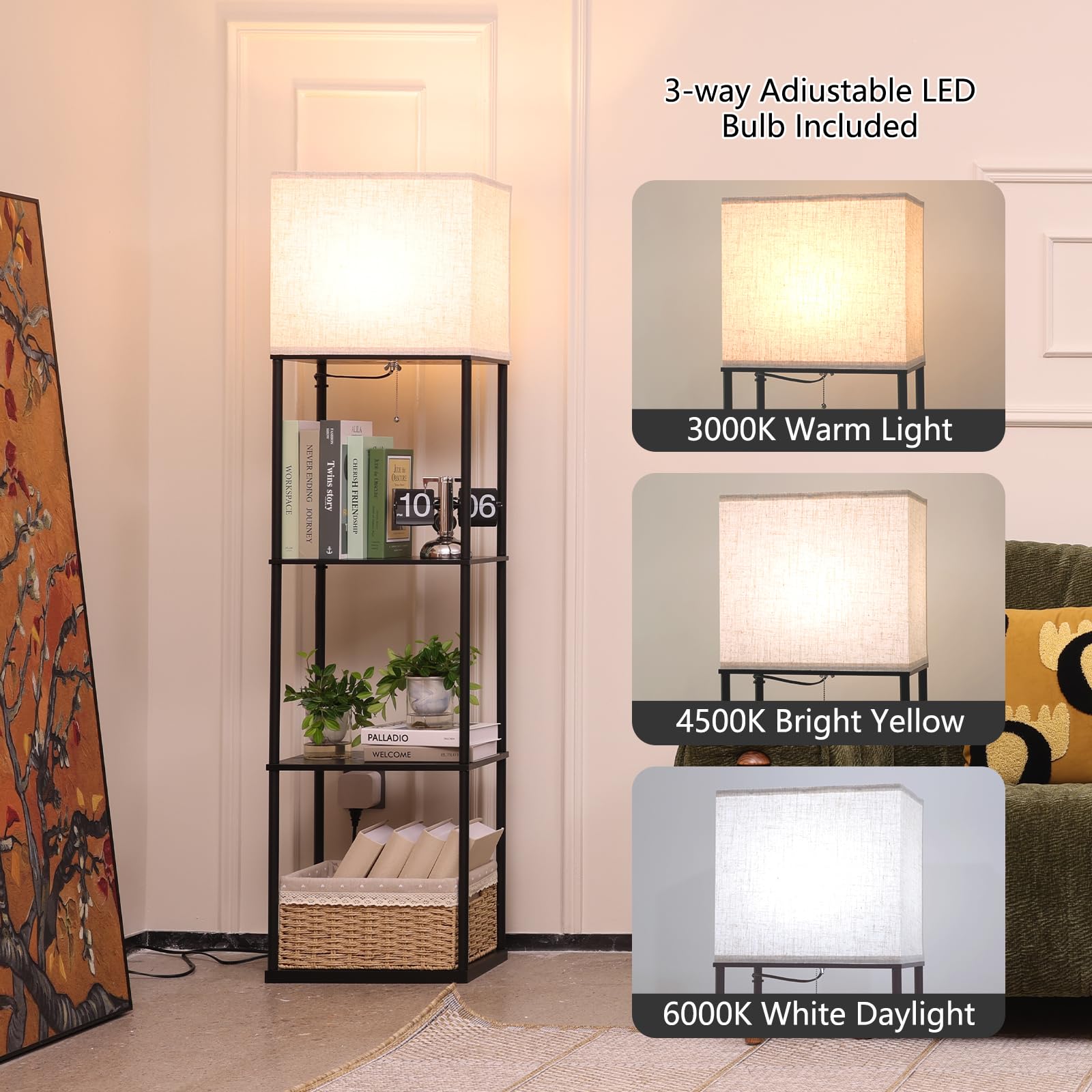 Gupuzm floor lamp shelves illustrating three color temperatures for adaptable ambiance