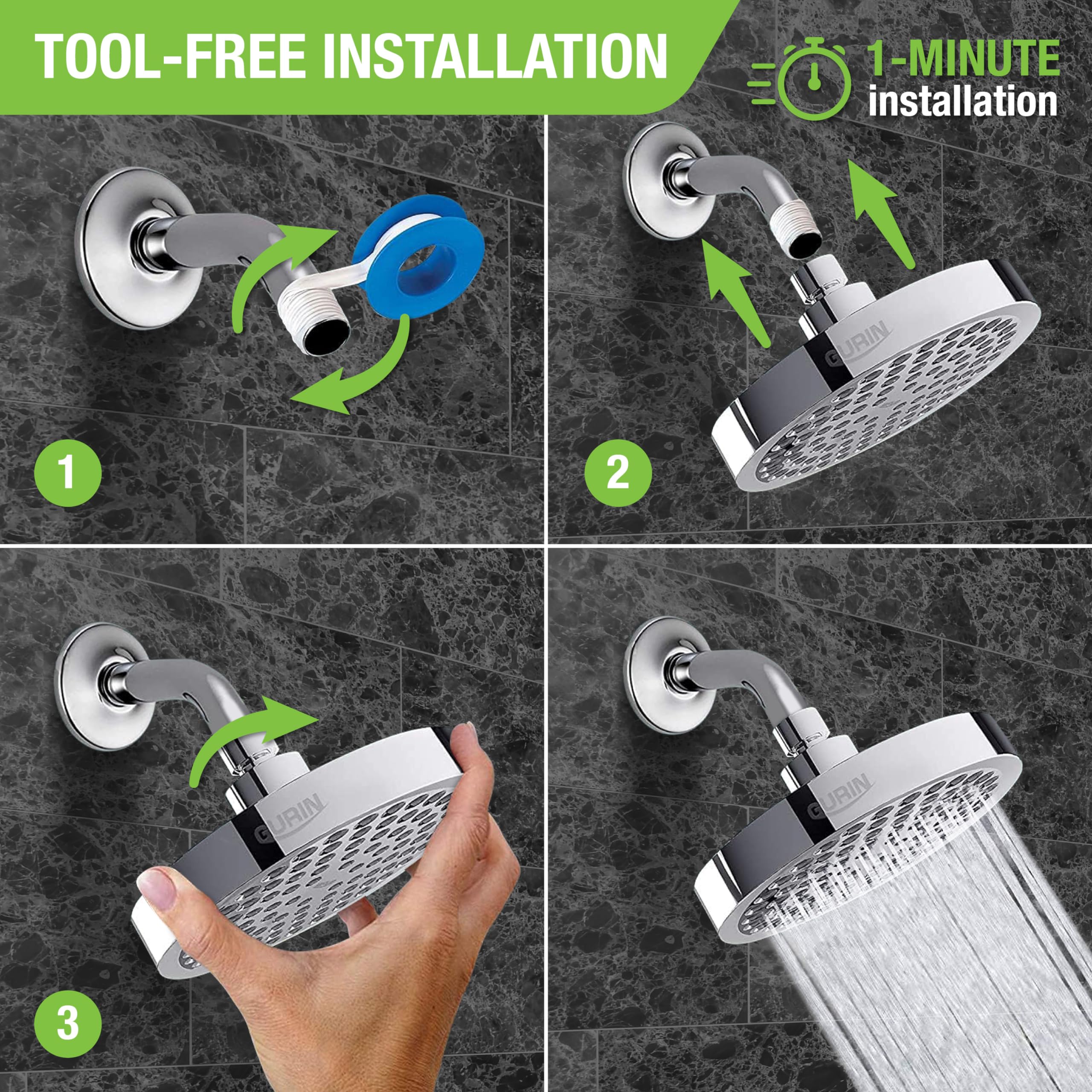 GURIN anti-clog silicone nozzles keep a steady, easy-clean spray.